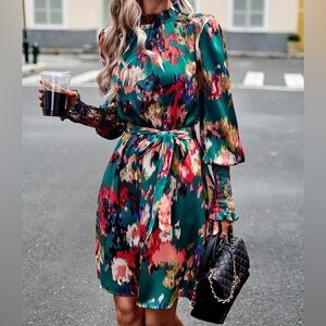 Abstract Print + Ruffle Sleeve Dress